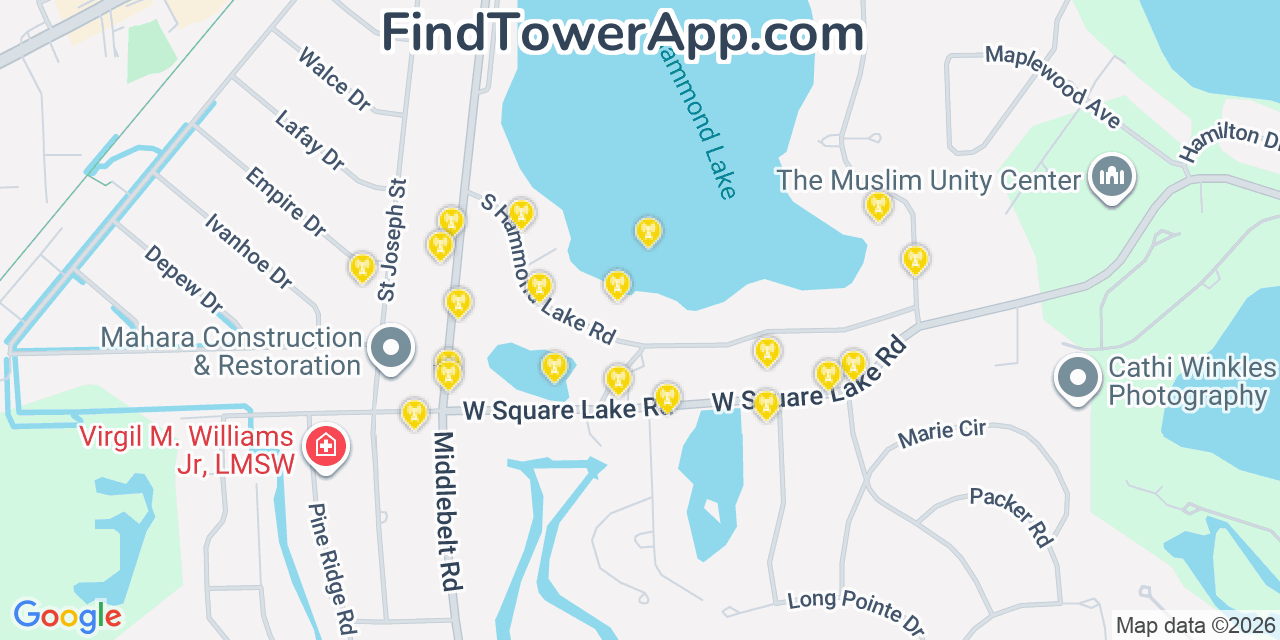 Map showing the 20 primary cell tower locations detected in Sylvan Lake, Michigan from AT&T, Verizon, and T-Mobile networks