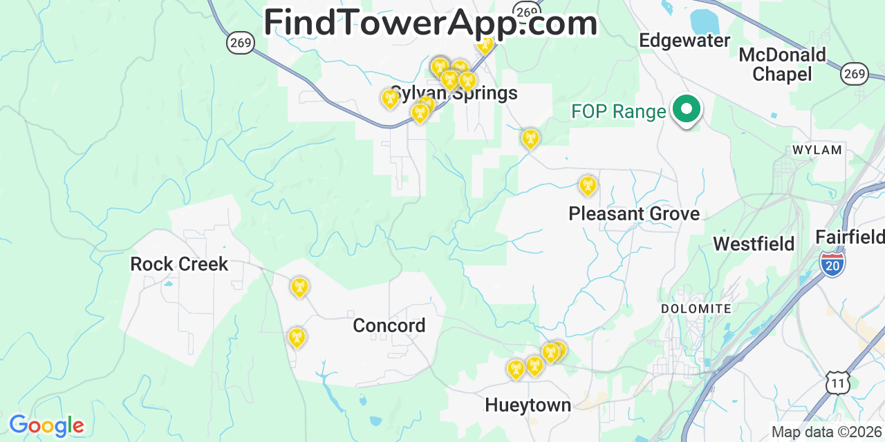 Map showing the 20 primary cell tower locations detected in Sylvan Springs, Alabama from AT&T, Verizon, and T-Mobile networks