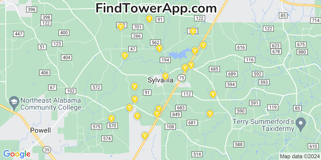 AT&T 4G/5G cell tower coverage map Sylvania, Alabama