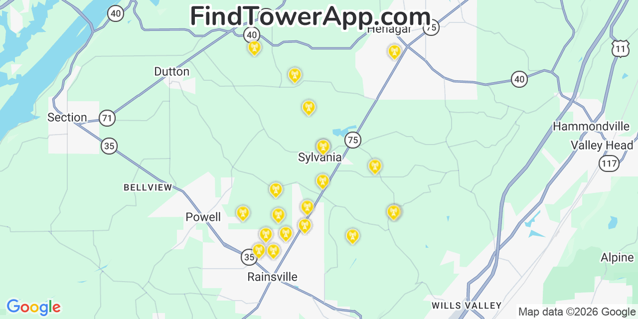 Map showing the 20 primary cell tower locations detected in Sylvania, Alabama from AT&T, Verizon, and T-Mobile networks