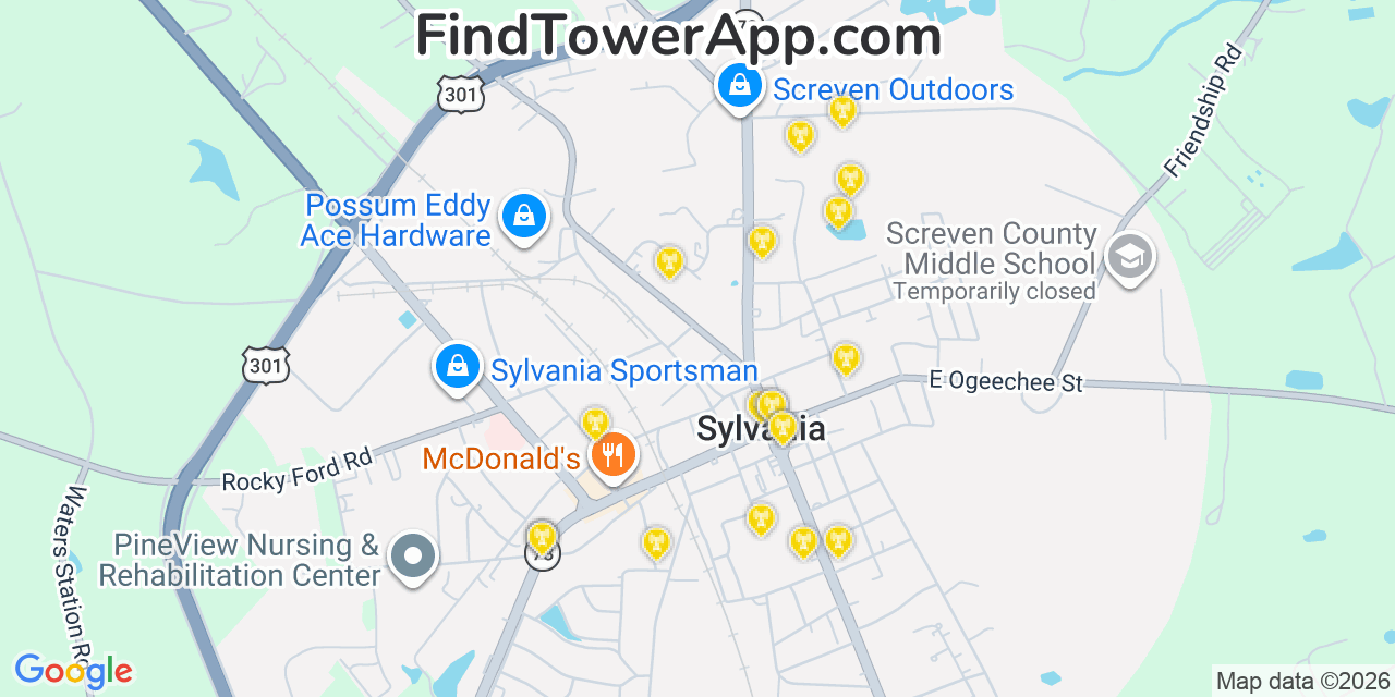 Map showing the 20 primary cell tower locations detected in Sylvania, Georgia from AT&T, Verizon, and T-Mobile networks