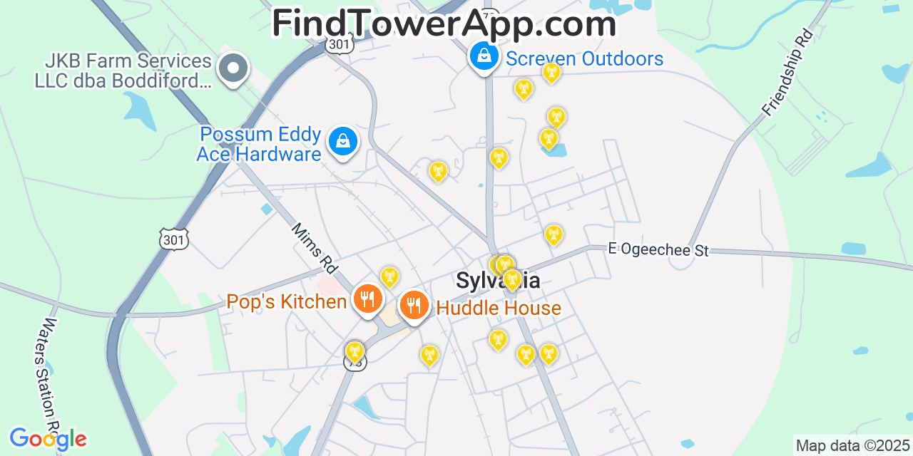 Map showing the 20 primary Mobitel cell tower locations detected in Sylvania, Georgia with coverage radius and signal strength indicators