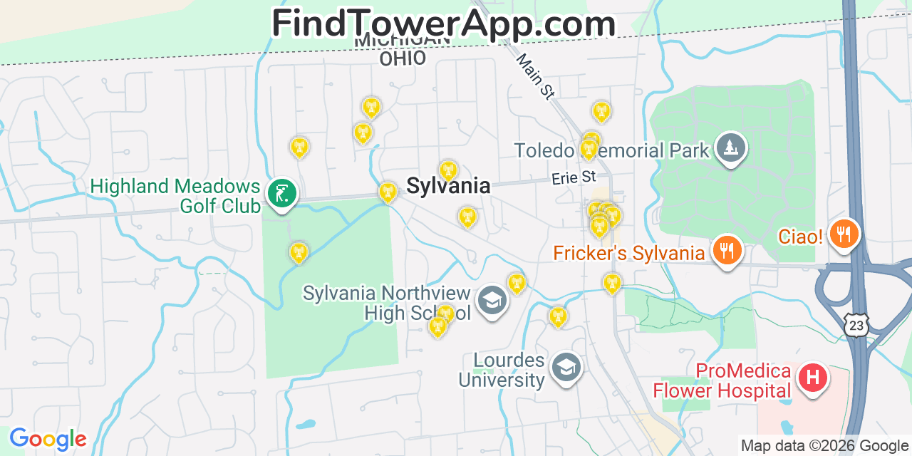 Map showing the 20 primary cell tower locations detected in Sylvania, Ohio from AT&T, Verizon, and T-Mobile networks