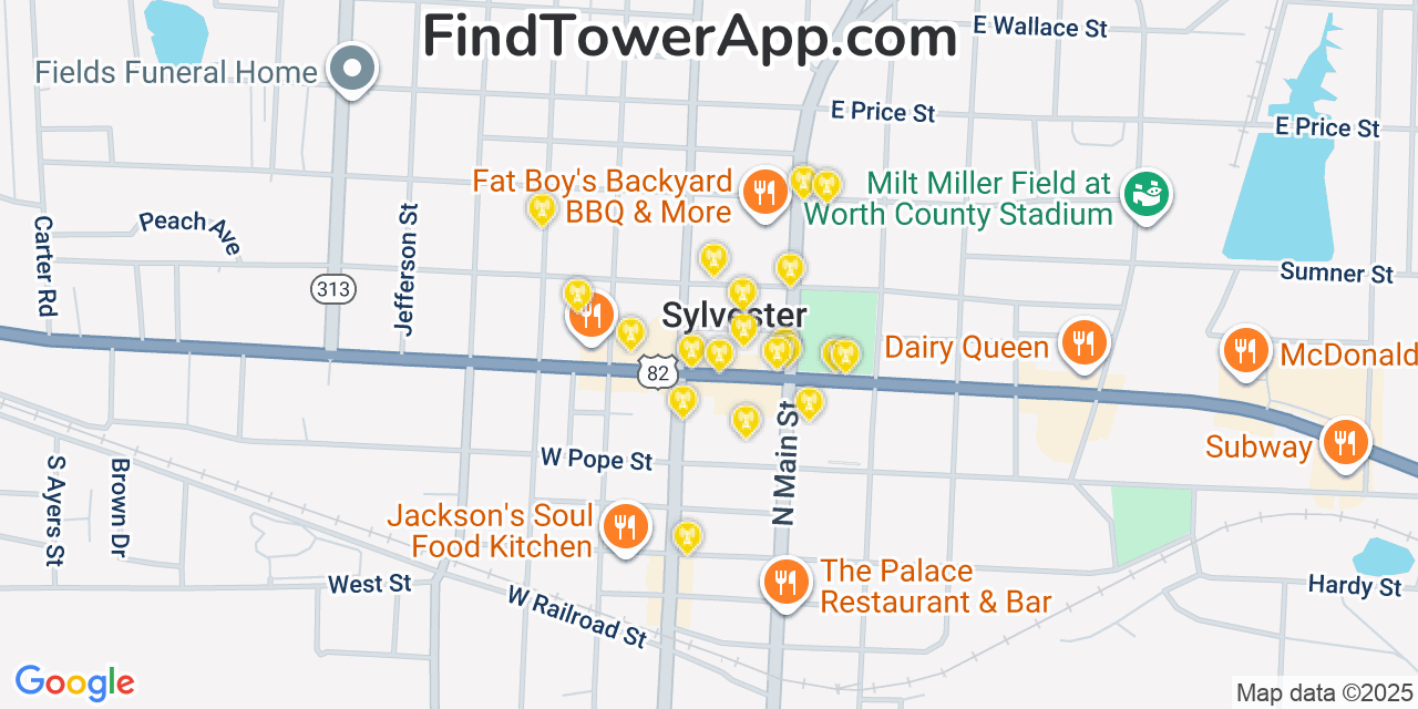 Map showing the 20 primary cell tower locations detected in Sylvester, Georgia from AT&T, Verizon, and T-Mobile networks