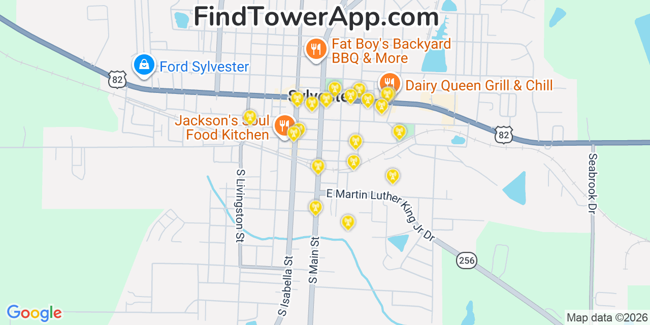 Map showing the 20 primary cell tower locations detected in Sylvester, Georgia from AT&T, Verizon, and T-Mobile networks