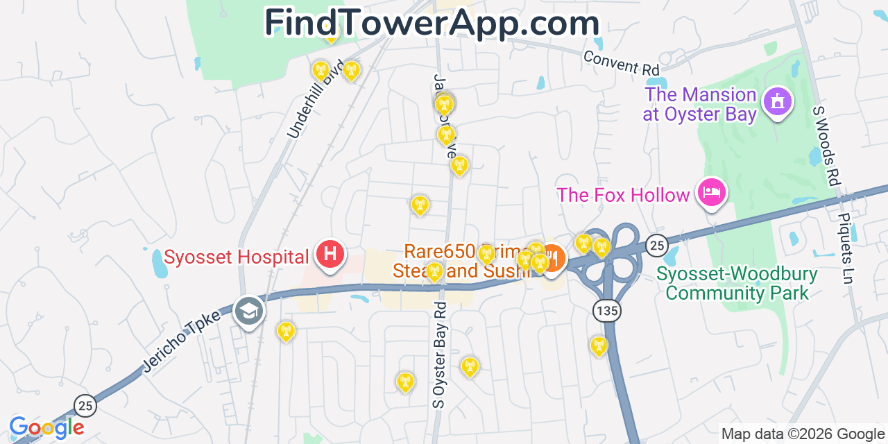 Map showing the 20 primary cell tower locations detected in Syosset, New York from AT&T, Verizon, and T-Mobile networks