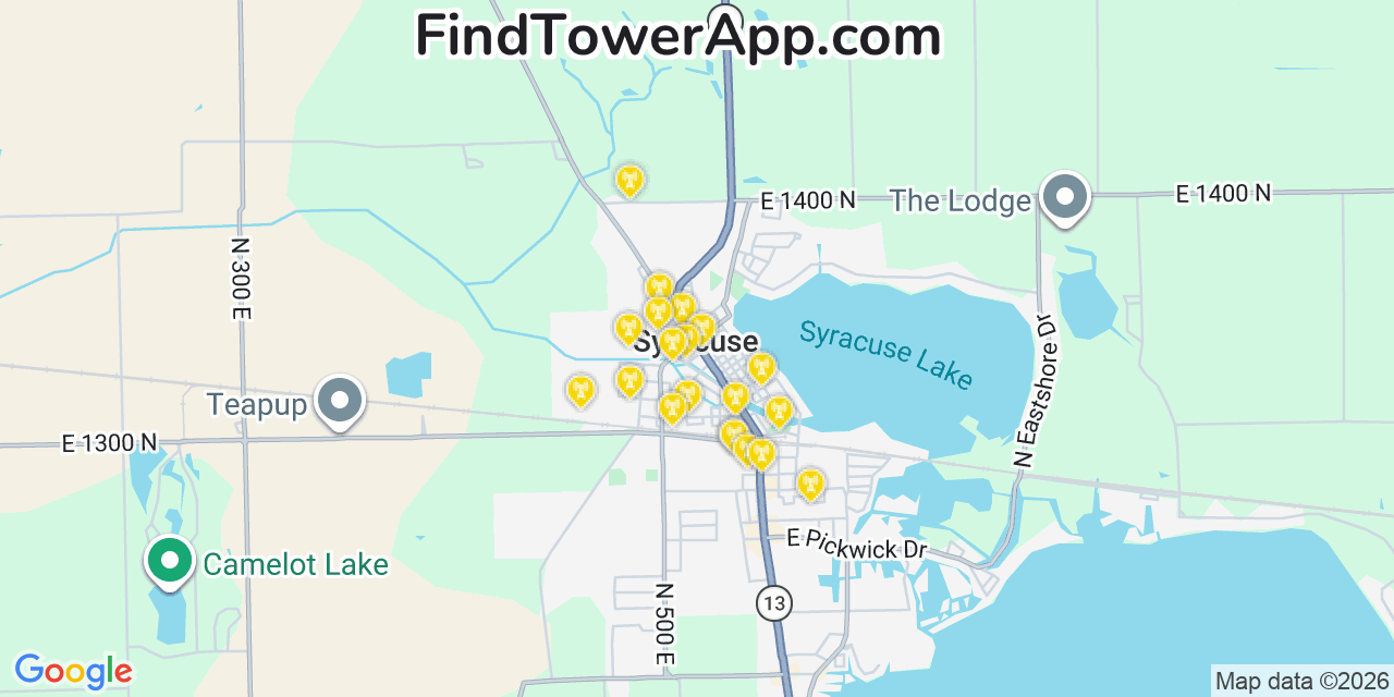 Map showing the 20 primary cell tower locations detected in Syracuse, Indiana from AT&T, Verizon, and T-Mobile networks