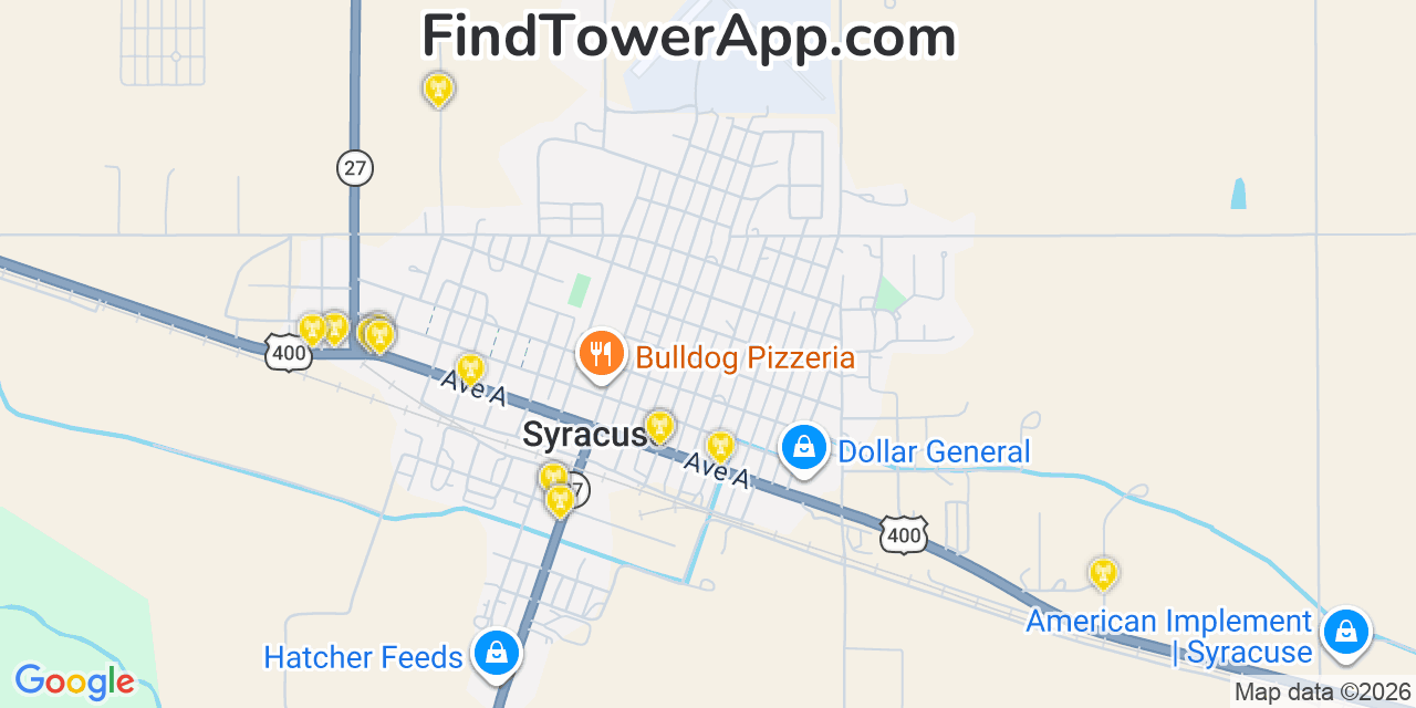 Map showing the 20 primary cell tower locations detected in Syracuse, Kansas from AT&T, Verizon, and T-Mobile networks
