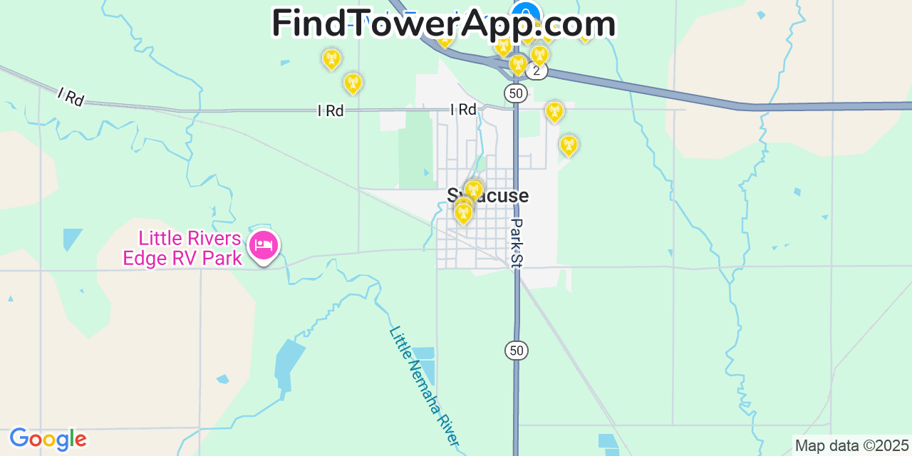 Map showing the 20 primary cell tower locations detected in Syracuse, Nebraska from AT&T, Verizon, and T-Mobile networks