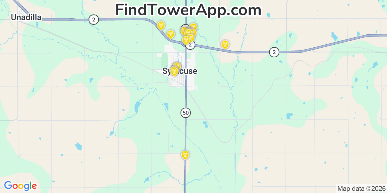 Map showing the 20 primary cell tower locations detected in Syracuse, Nebraska from AT&T, Verizon, and T-Mobile networks