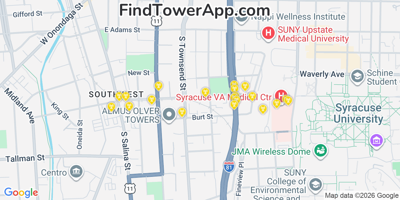 Map showing the 20 primary cell tower locations detected in Syracuse, New York from AT&T, Verizon, and T-Mobile networks
