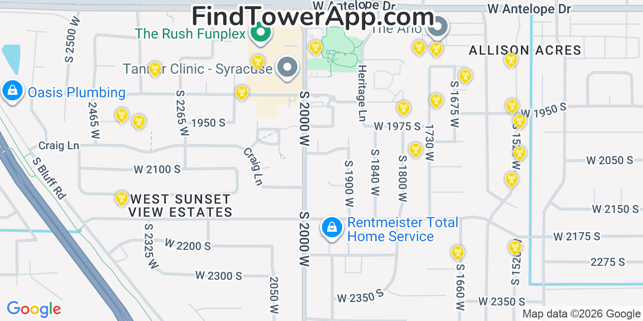 Map showing the 20 primary cell tower locations detected in Syracuse, Utah from AT&T, Verizon, and T-Mobile networks