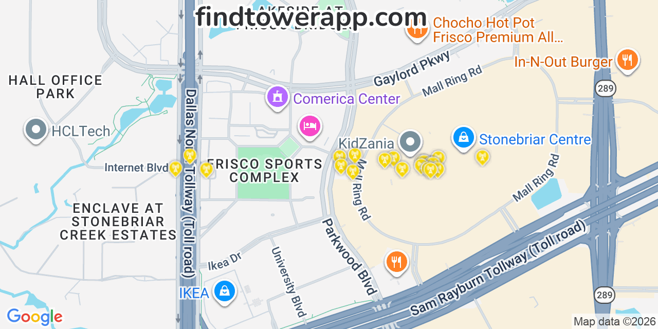 Map showing the 20 primary cell tower locations detected in T Mobile, 89404 from AT&T, Verizon, and T-Mobile networks