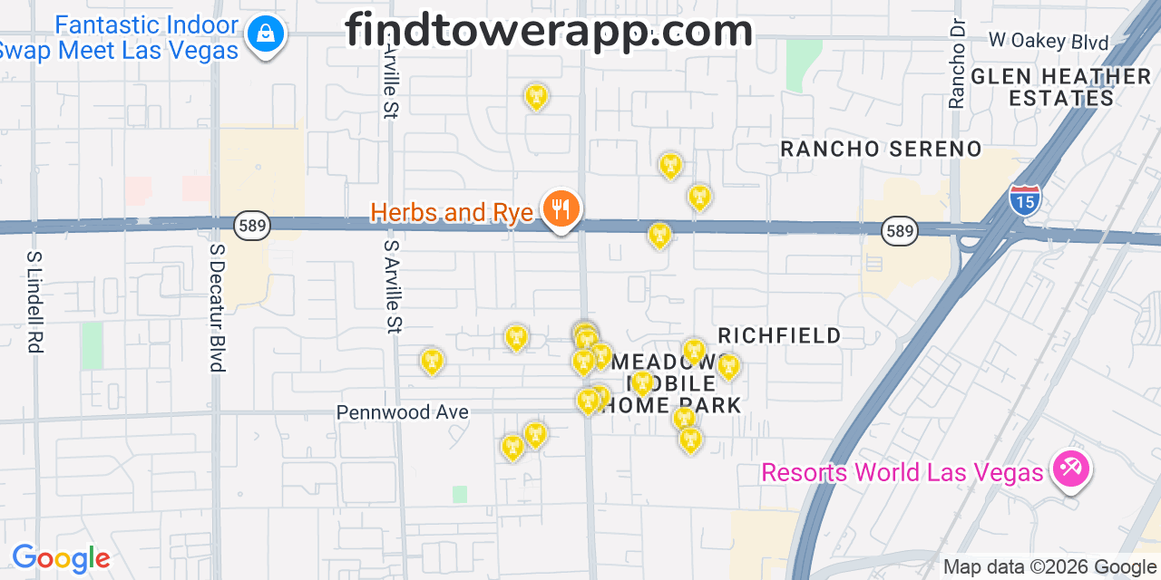 Map showing the 20 primary AT&T cell tower locations detected in T Mobile, Nevada with coverage radius and signal strength indicators