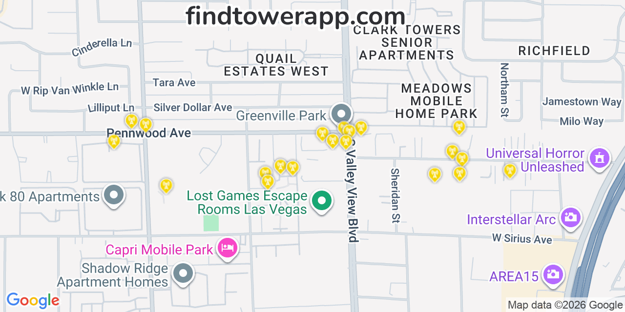 Map showing the 20 primary cell tower locations detected in T Mobile, Nevada from AT&T, Verizon, and T-Mobile networks