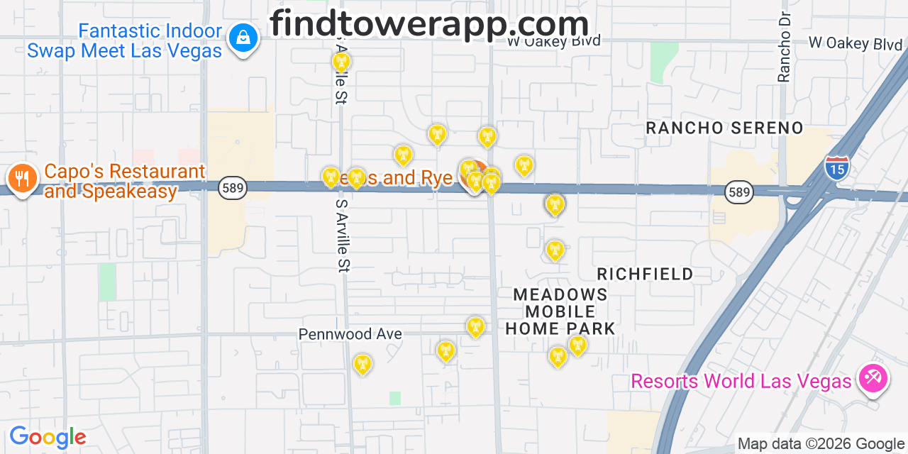 Map showing the 20 primary Verizon cell tower locations detected in T Mobile, Nevada with coverage radius and signal strength indicators