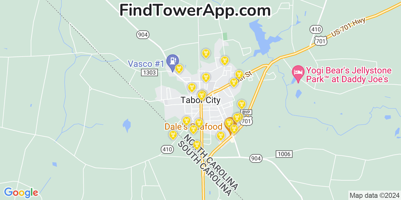 AT&T 4G/5G cell tower coverage map Tabor City, North Carolina