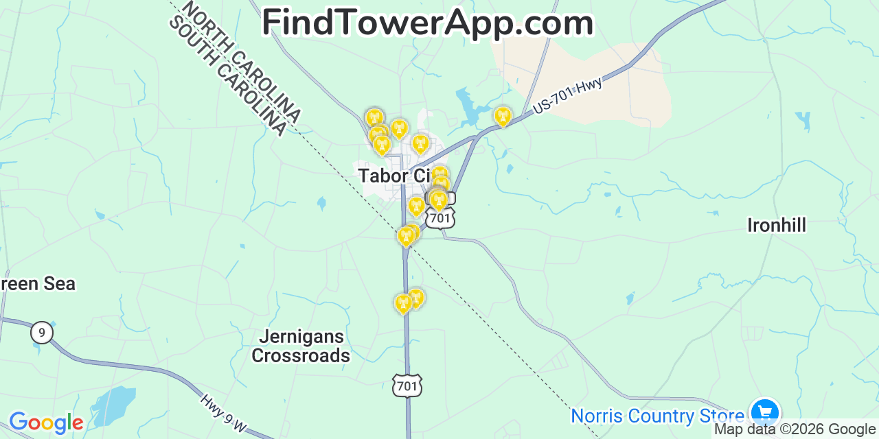 Map showing the 20 primary cell tower locations detected in Tabor City, North Carolina from AT&T, Verizon, and T-Mobile networks