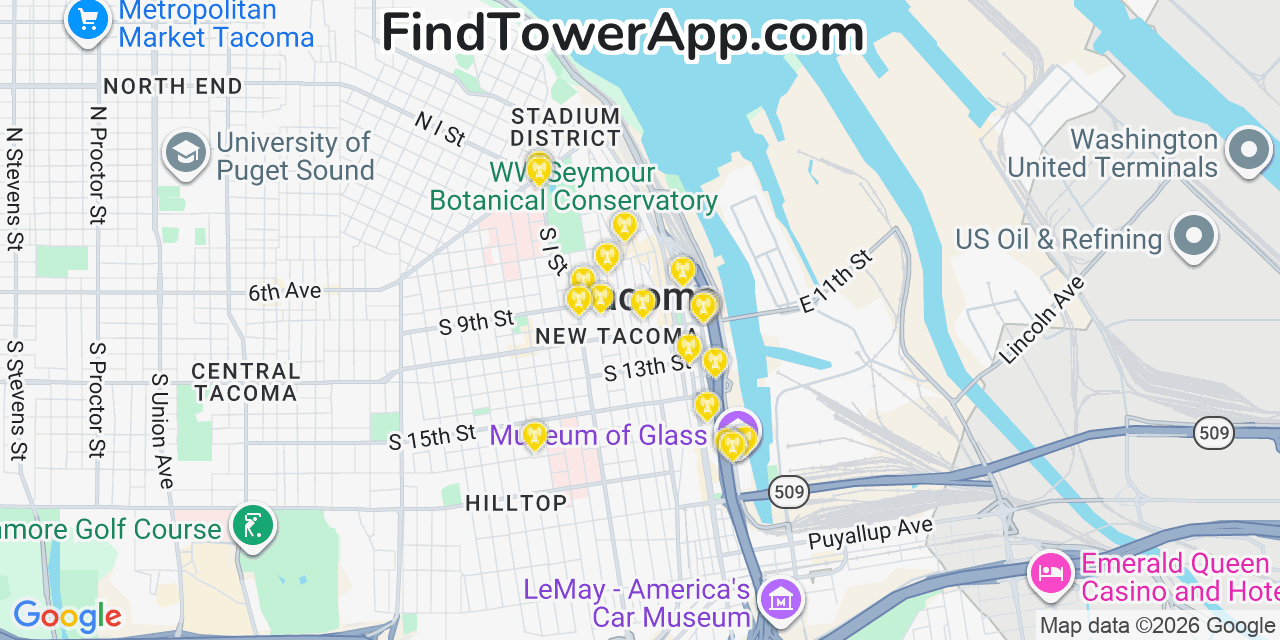 Map showing the 20 primary cell tower locations detected in Tacoma, Washington from AT&T, Verizon, and T-Mobile networks