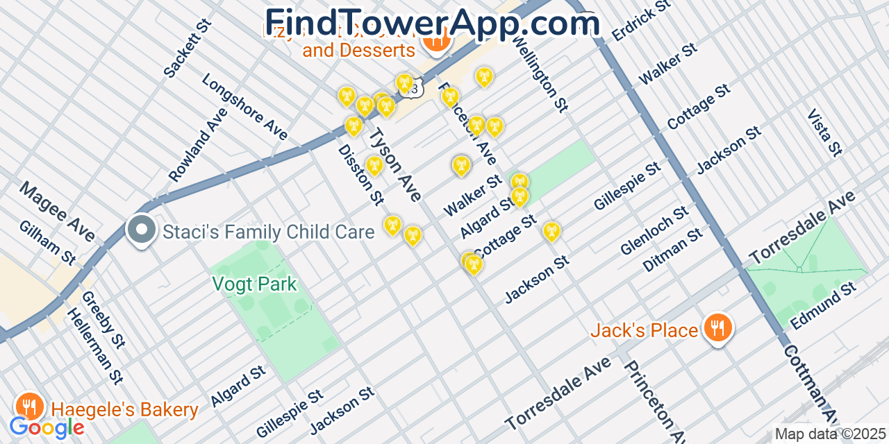 Map showing the 20 primary cell tower locations detected in Tacony, Pennsylvania from AT&T, Verizon, and T-Mobile networks