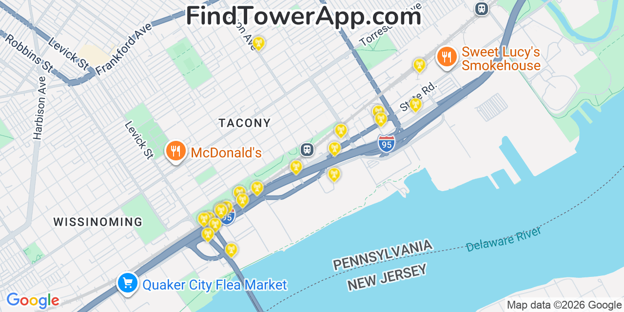 Map showing the 20 primary cell tower locations detected in Tacony, Pennsylvania from AT&T, Verizon, and T-Mobile networks