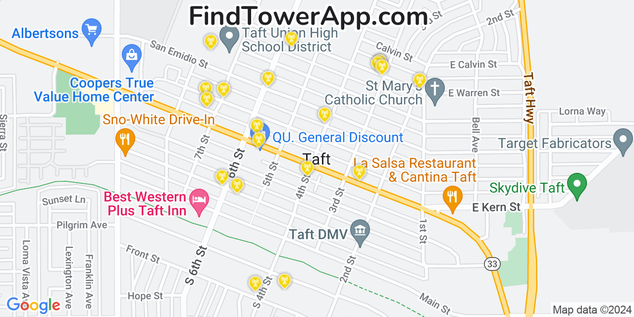 AT&T 4G/5G cell tower coverage map Taft, California