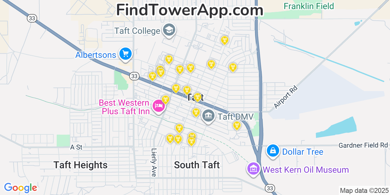 Map showing the 20 primary cell tower locations detected in Taft, California from AT&T, Verizon, and T-Mobile networks