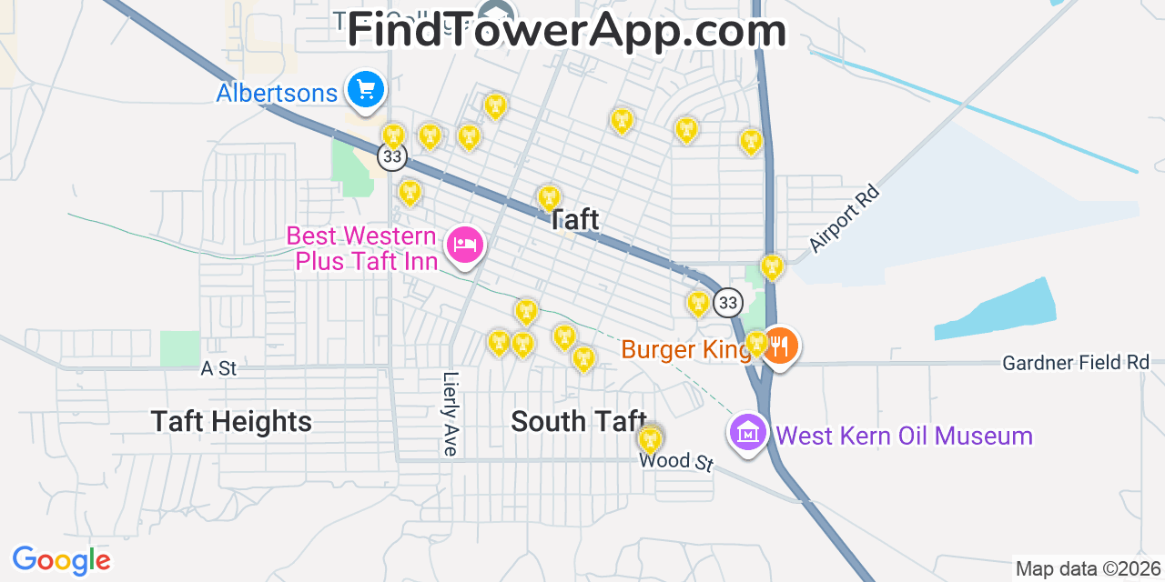 Map showing the 20 primary cell tower locations detected in Taft, California from AT&T, Verizon, and T-Mobile networks