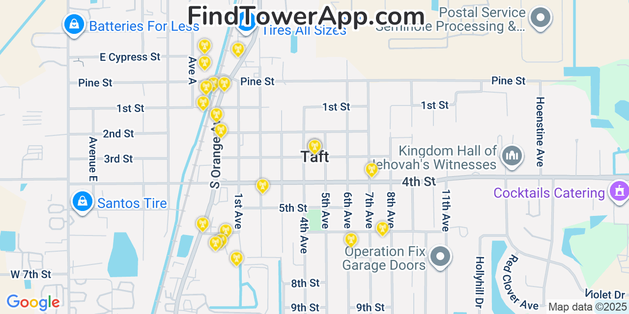 Map showing the 20 primary cell tower locations detected in Taft, Florida from AT&T, Verizon, and T-Mobile networks