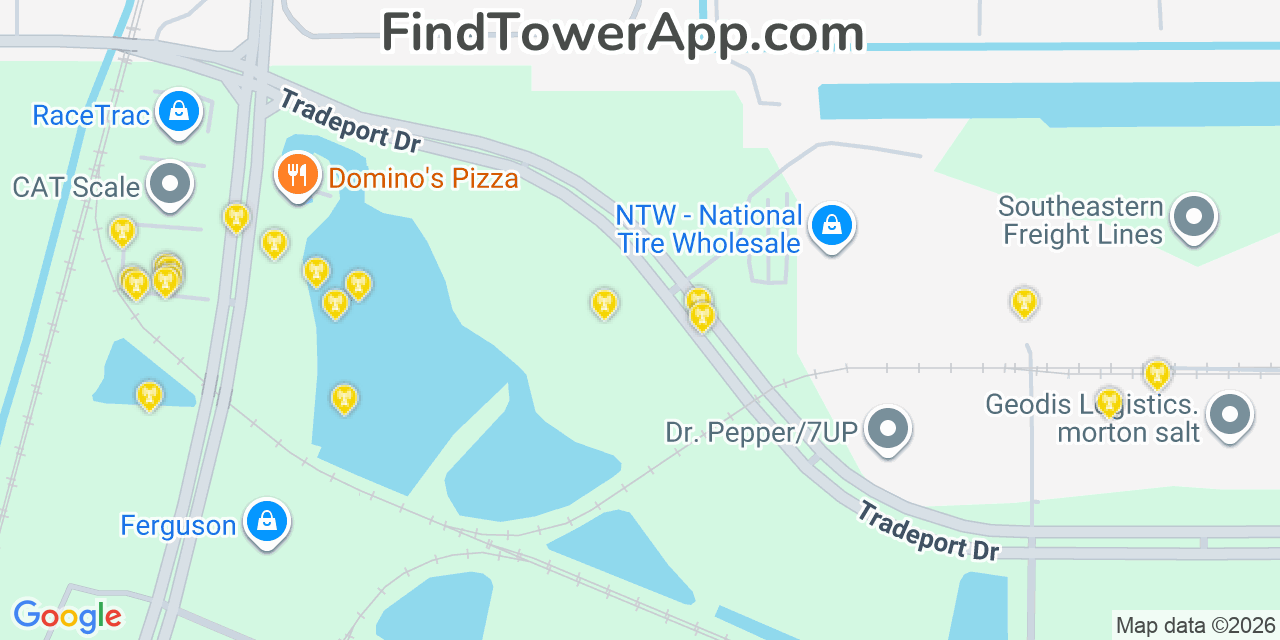 Map showing the 20 primary cell tower locations detected in Taft, Florida from AT&T, Verizon, and T-Mobile networks