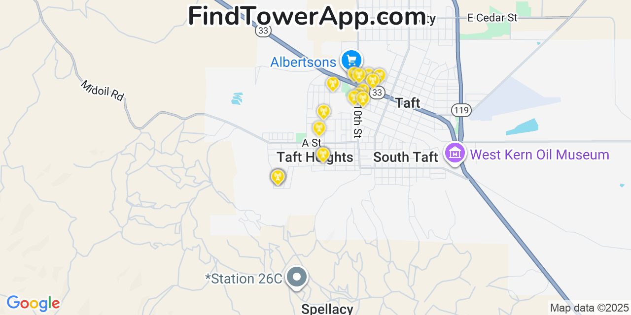 Map showing the 20 primary cell tower locations detected in Taft Heights, California from AT&T, Verizon, and T-Mobile networks