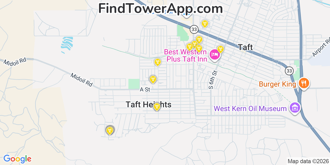 Map showing the 20 primary cell tower locations detected in Taft Heights, California from AT&T, Verizon, and T-Mobile networks