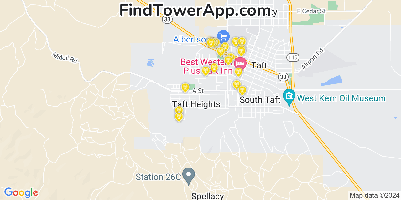 Verizon 4G/5G cell tower coverage map Taft Heights, California