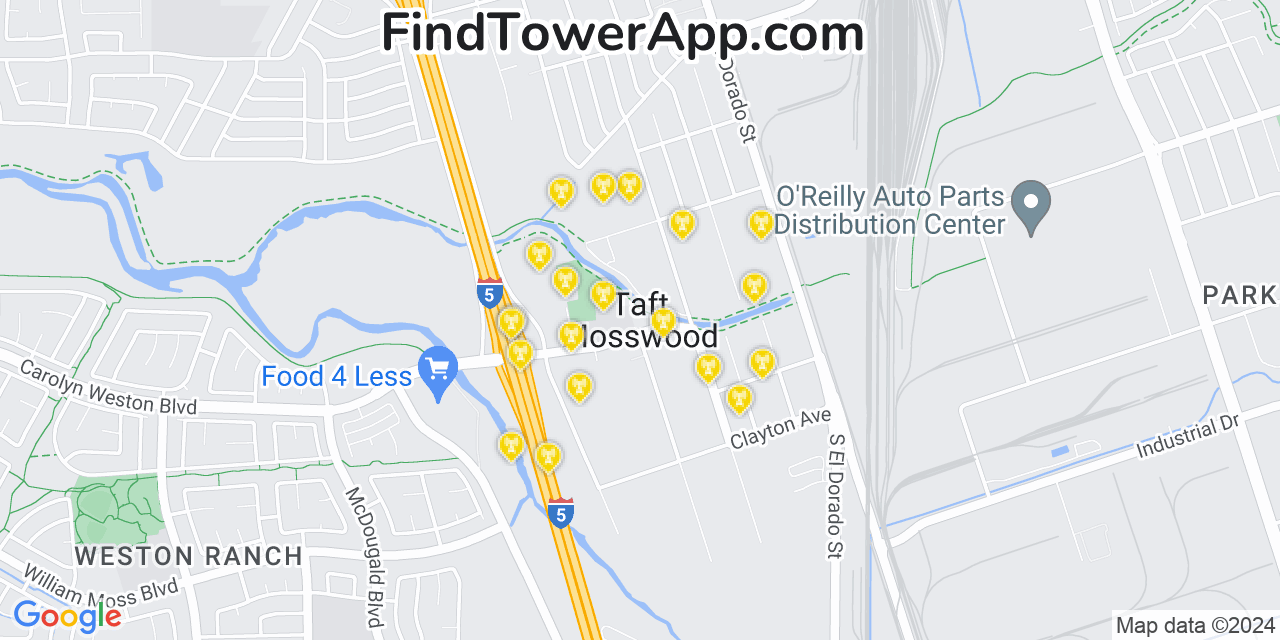 AT&T 4G/5G cell tower coverage map Taft Mosswood, California