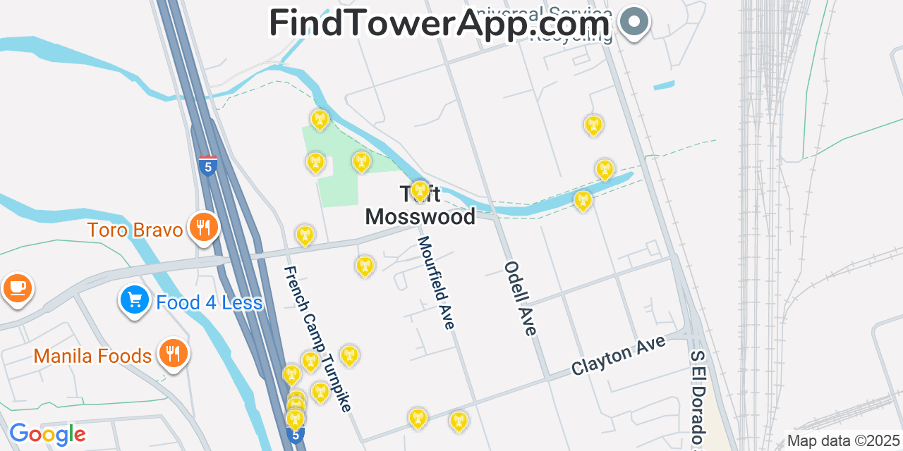 Map showing the 20 primary cell tower locations detected in Taft Mosswood, California from AT&T, Verizon, and T-Mobile networks