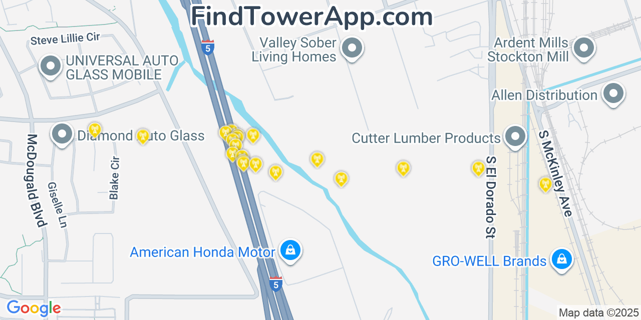 Map showing the 20 primary cell tower locations detected in Taft Mosswood, California from AT&T, Verizon, and T-Mobile networks