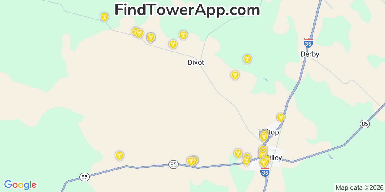 Map showing the 26 primary AT&T cell tower locations detected in Taft Southwest %252528Historical%252529, Texas with coverage radius and signal strength indicators