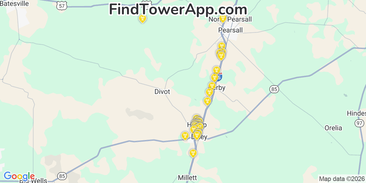 Map showing the 36 primary T-Mobile cell tower locations detected in Taft Southwest %252528Historical%252529, Texas with coverage radius and signal strength indicators