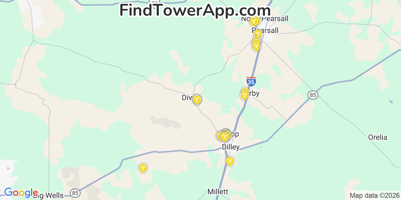 Map showing the 25 primary Verizon cell tower locations detected in Taft Southwest %2528Historical%2529, Texas with coverage radius and signal strength indicators
