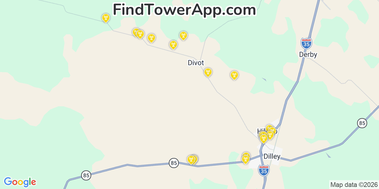 Map showing the 20 primary cell tower locations detected in Taft Southwest (Historical), Texas from AT&T, Verizon, and T-Mobile networks