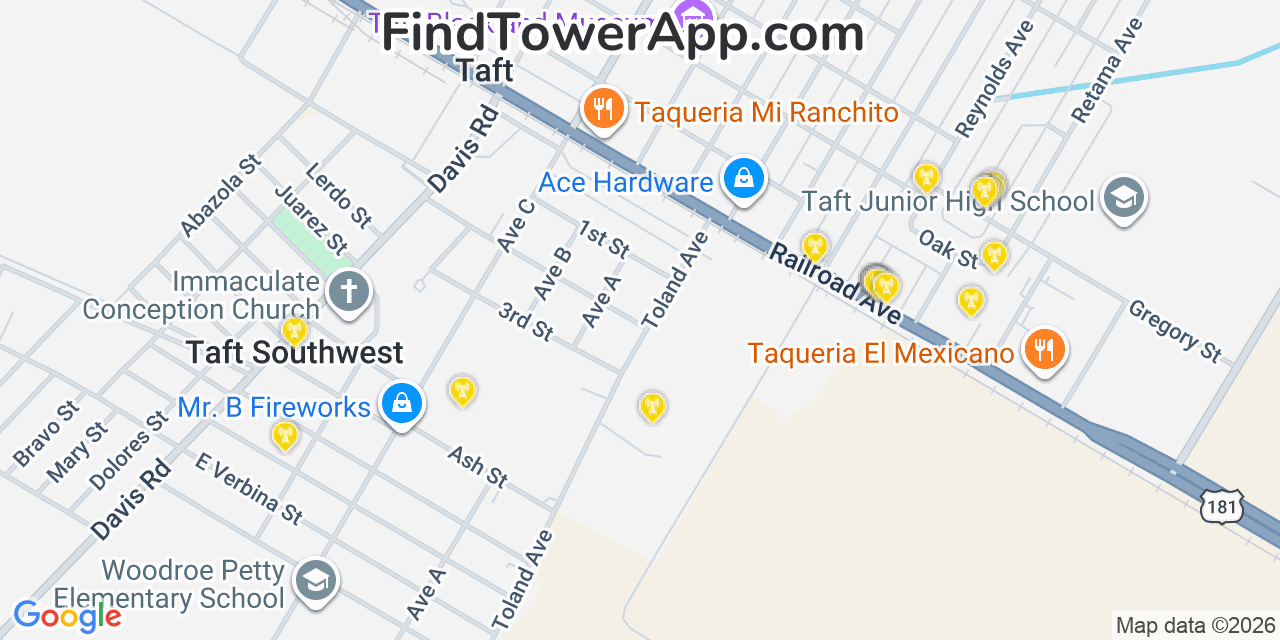 Map showing the 20 primary cell tower locations detected in Taft, Texas from AT&T, Verizon, and T-Mobile networks