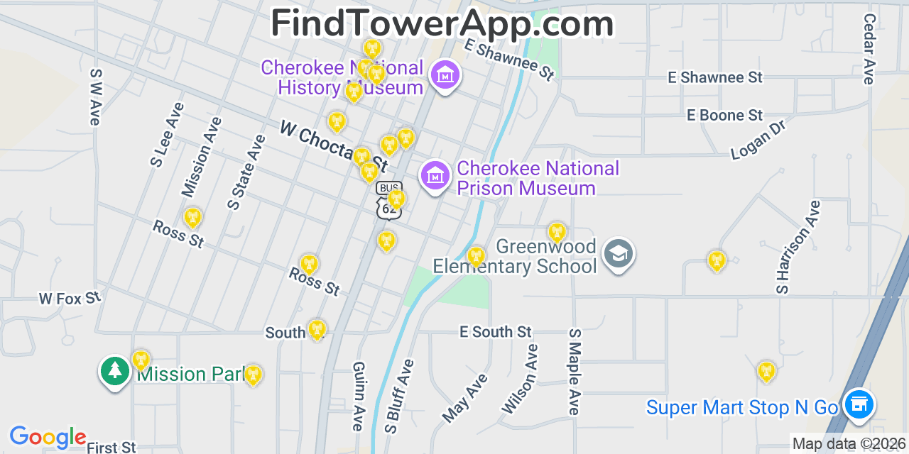 Map showing the 20 primary cell tower locations detected in Tahlequah, Oklahoma from AT&T, Verizon, and T-Mobile networks