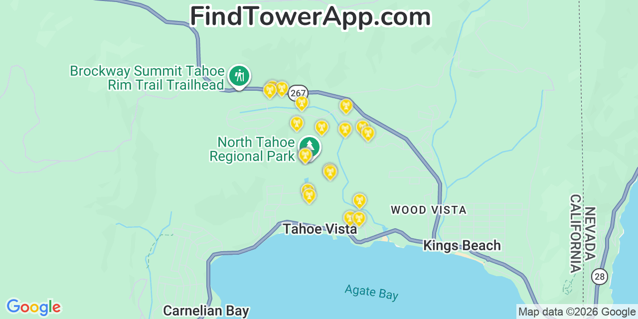 Map showing the 20 primary cell tower locations detected in Tahoe Vista, California from AT&T, Verizon, and T-Mobile networks
