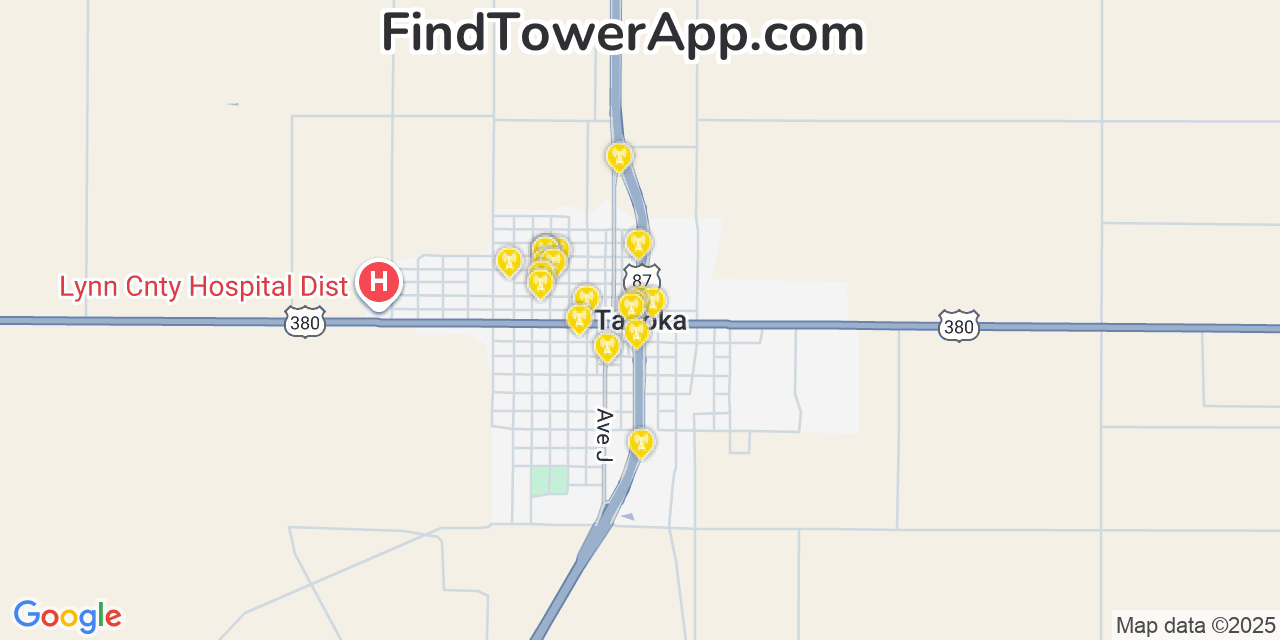 Map showing the 20 primary cell tower locations detected in Tahoka, Texas from AT&T, Verizon, and T-Mobile networks