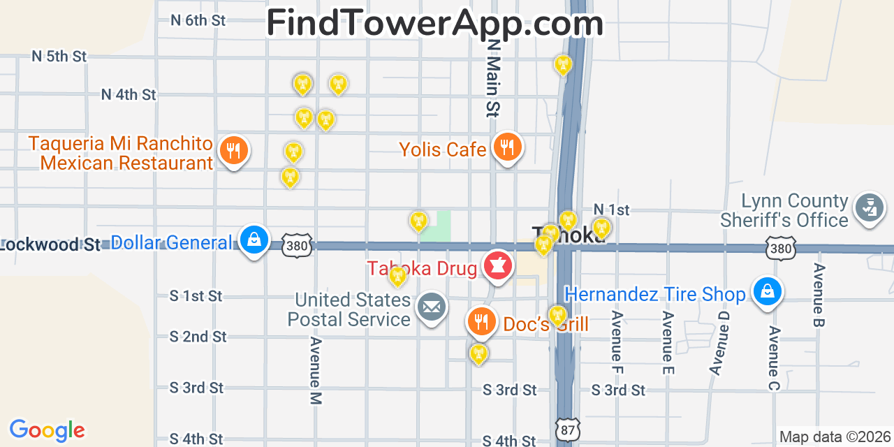 Map showing the 20 primary cell tower locations detected in Tahoka, Texas from AT&T, Verizon, and T-Mobile networks