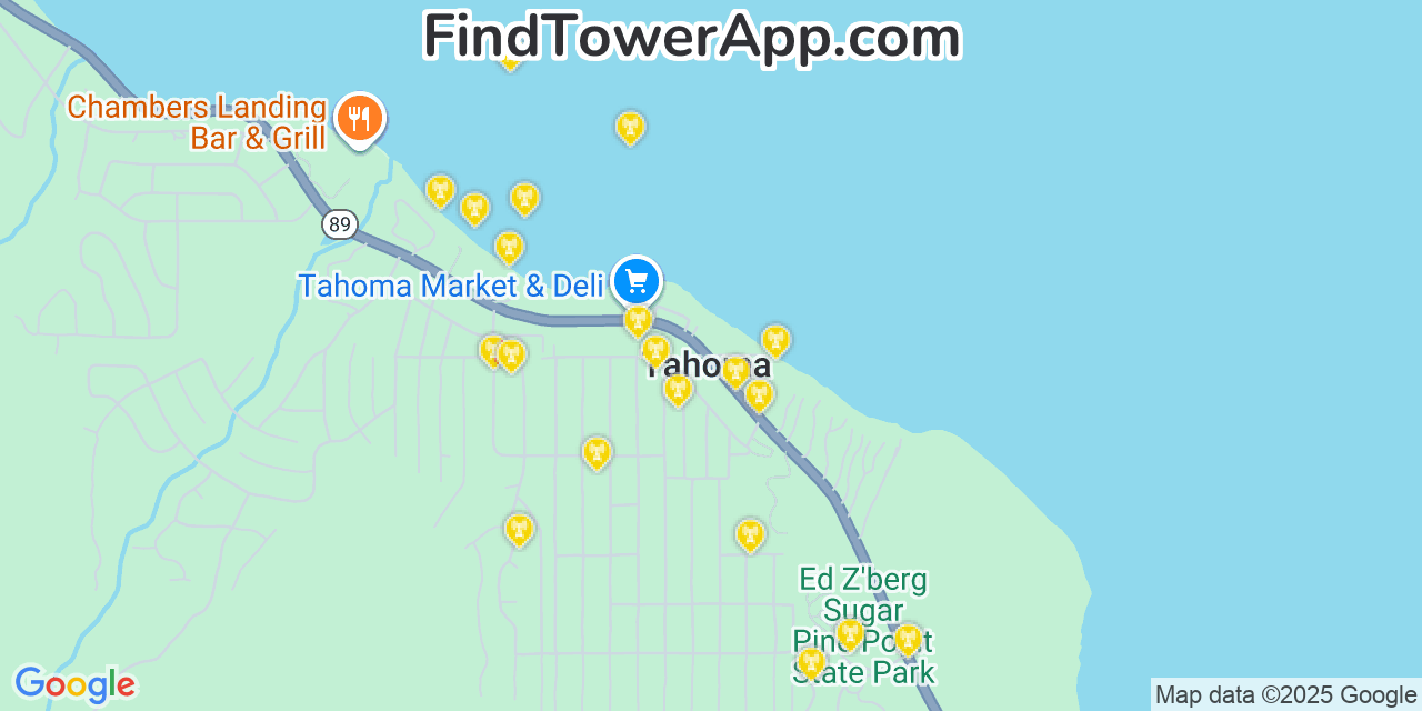 Map showing the 20 primary cell tower locations detected in Tahoma, California from AT&T, Verizon, and T-Mobile networks