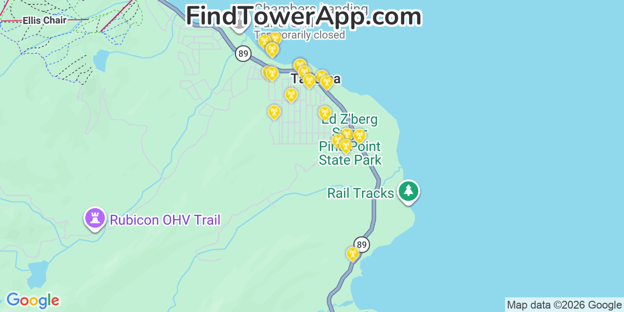 Map showing the 20 primary cell tower locations detected in Tahoma, California from AT&T, Verizon, and T-Mobile networks