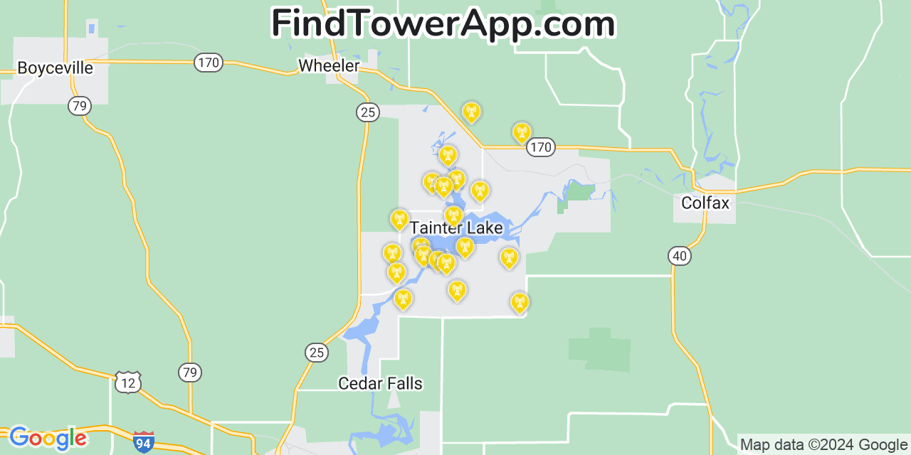 AT&T 4G/5G cell tower coverage map Tainter Lake, Wisconsin