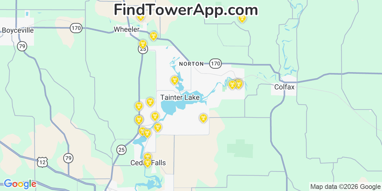 Map showing the 20 primary cell tower locations detected in Tainter Lake, Wisconsin from AT&T, Verizon, and T-Mobile networks