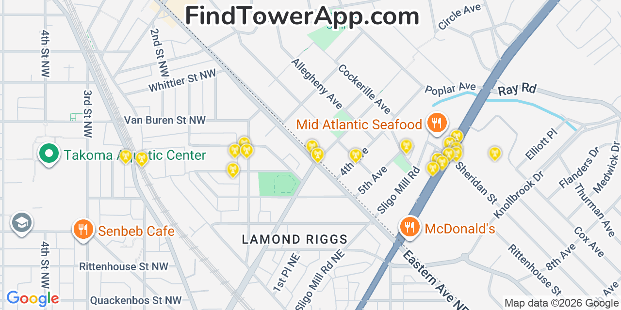 Map showing the 20 primary cell tower locations detected in Takoma Park, Maryland from AT&T, Verizon, and T-Mobile networks
